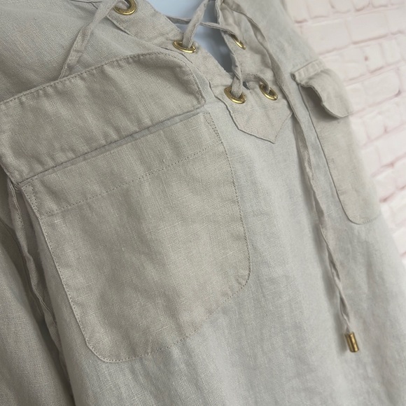 Ellen Tracy company linen tan long tab sleeve top size medium - Picture 9 of 12
